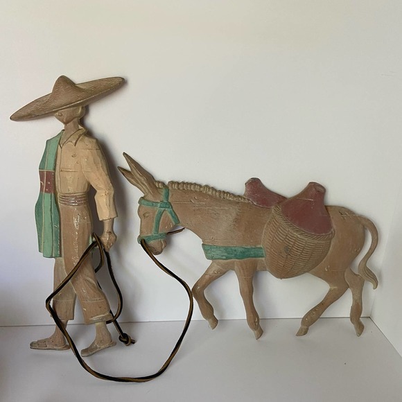 Southwest Donkey & Man Sexton Cast Iron Metal Leather Art Wall Decor Burro 1970 - Picture 1 of 12
